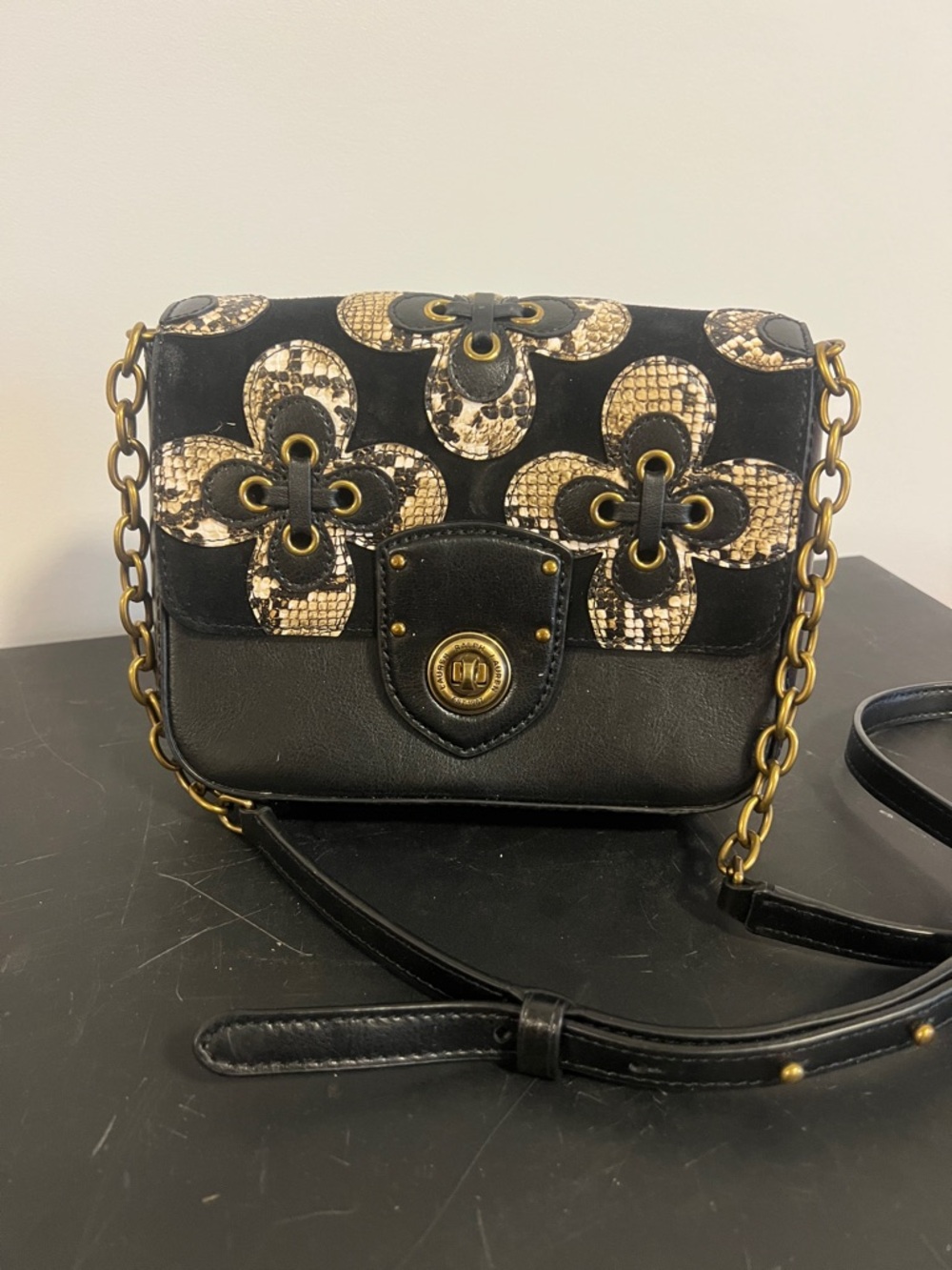 Lauren Ralph Lauren Black Crossbody with Snake-Print Floral Appliqué Gold chain